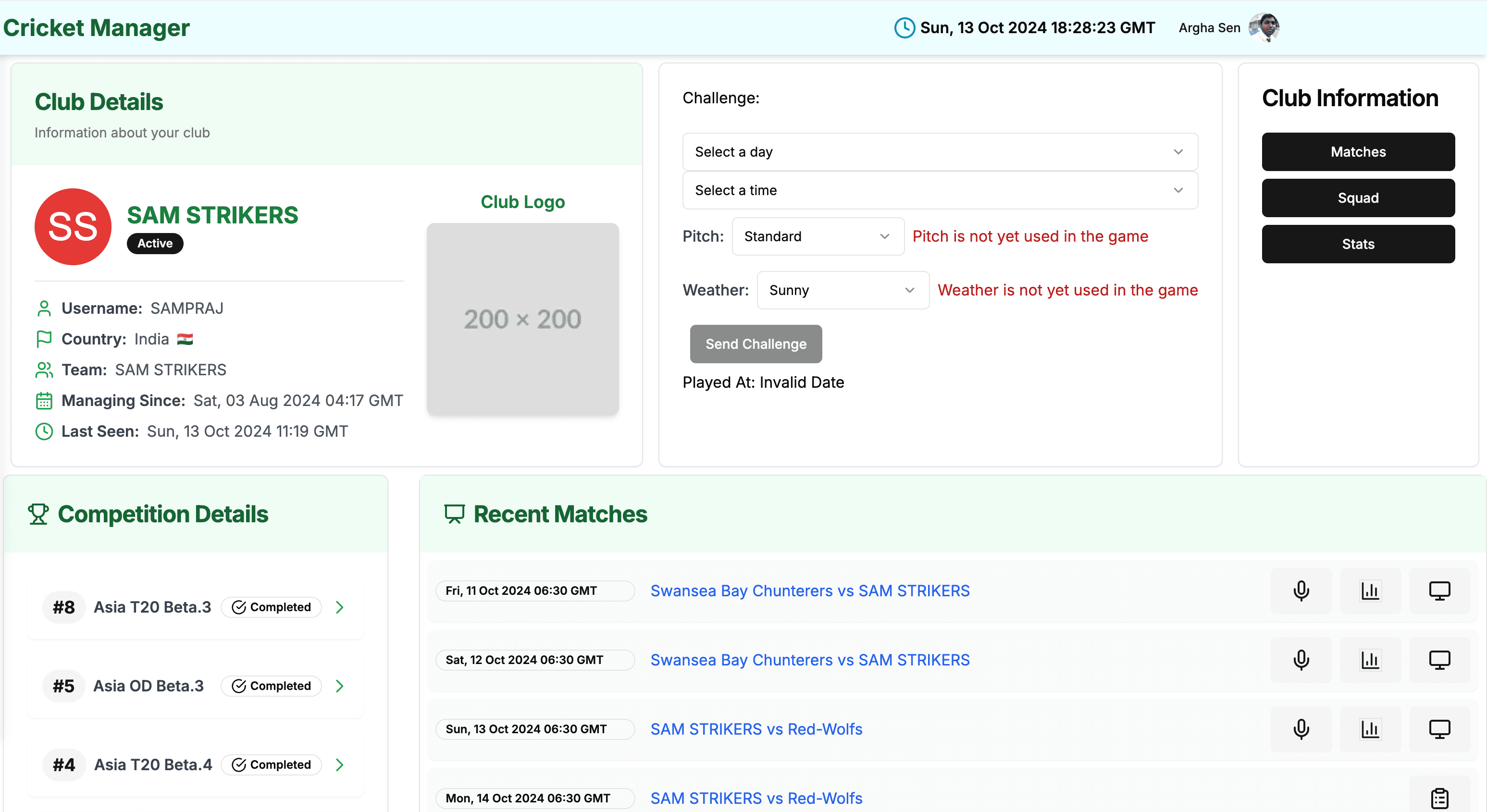 Cricket Manager game interface 1